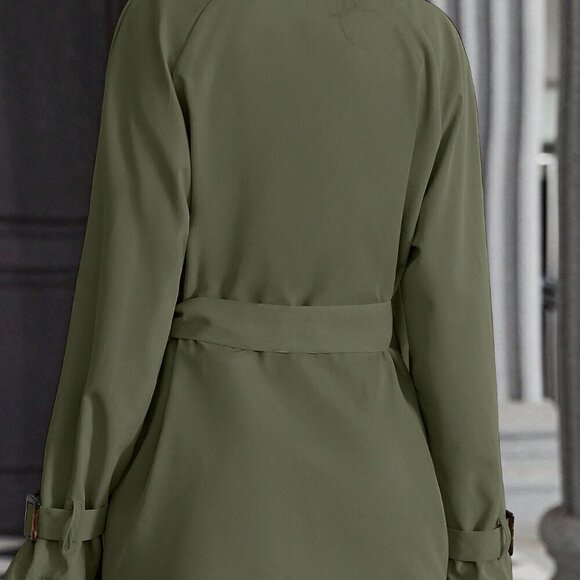 Army Green Casual Women's Raglan Sleeve Double Breasted Belted Trench Coat - Picture 3 of 4
